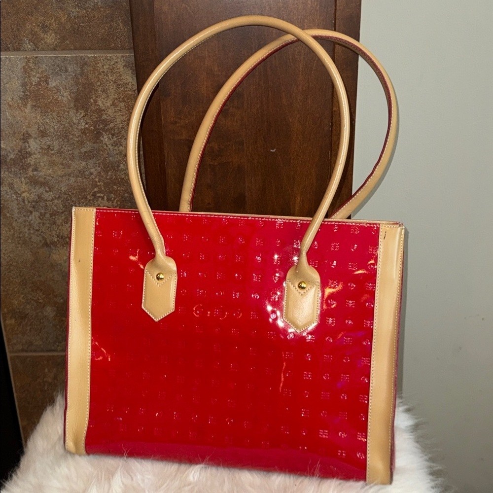 Large red patent leather Arcadia hand bag tan leather trim classic statement